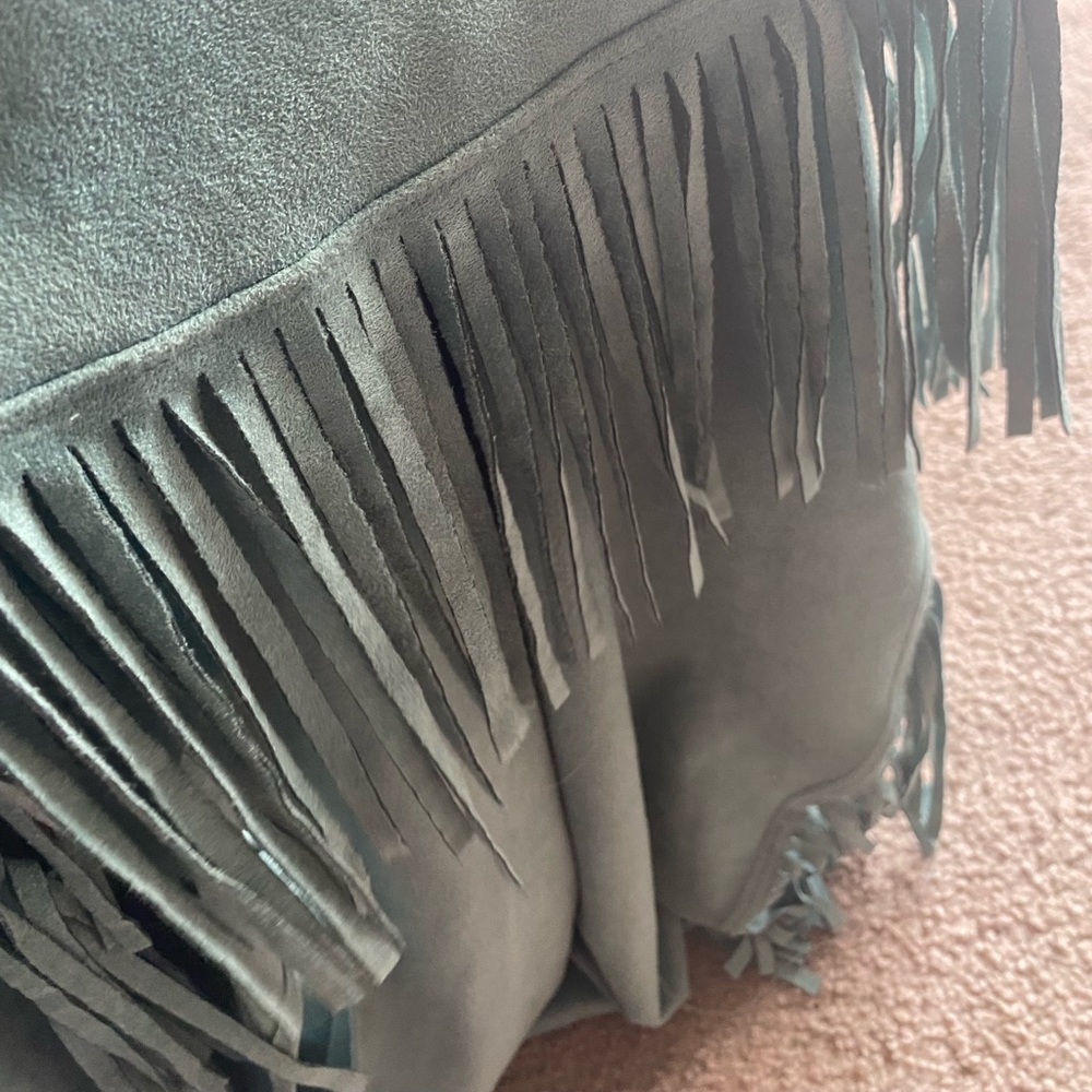Blue/green suede vest with fringe detailing